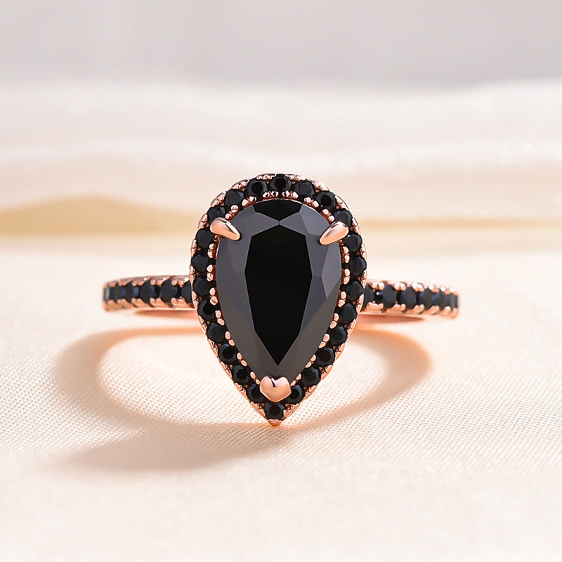 Halo Pear Cut Black Diamond Engagement Ring In Sterling Silver