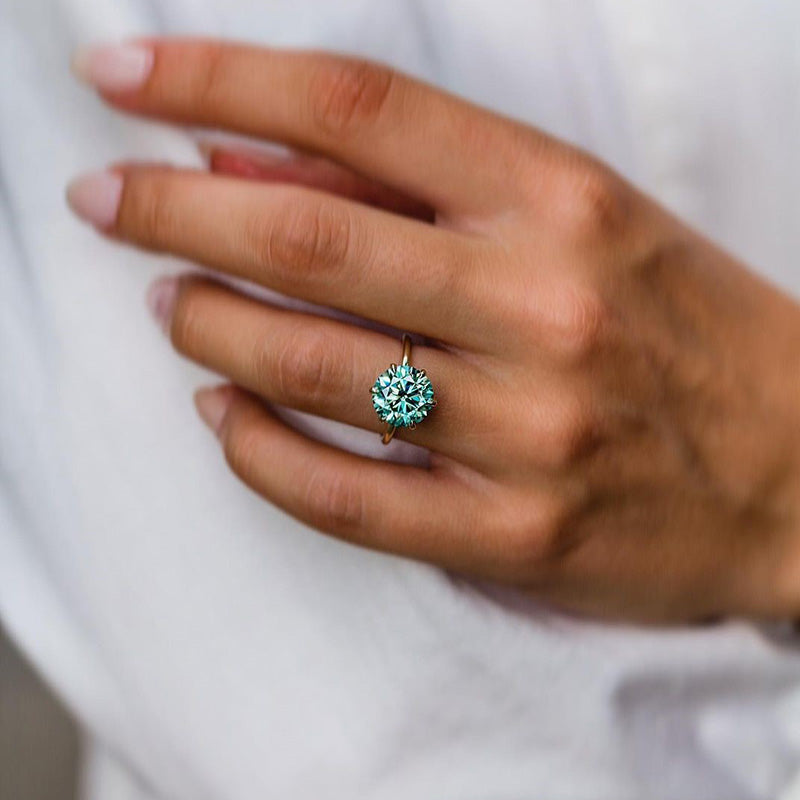 Moissanite Round Cut Paraiba Tourmaline Engagement Ring