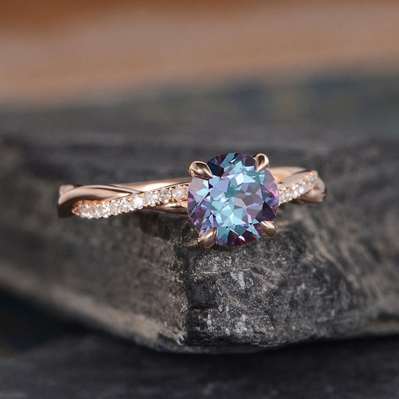 Alexandrite Rose Gold Twist Round Cut Engagement Ring For Her In Sterling Silver