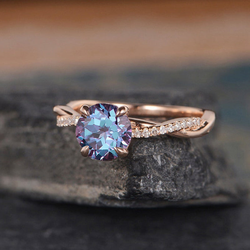 Alexandrite Rose Gold Twist Round Cut Engagement Ring For Her In Sterling Silver
