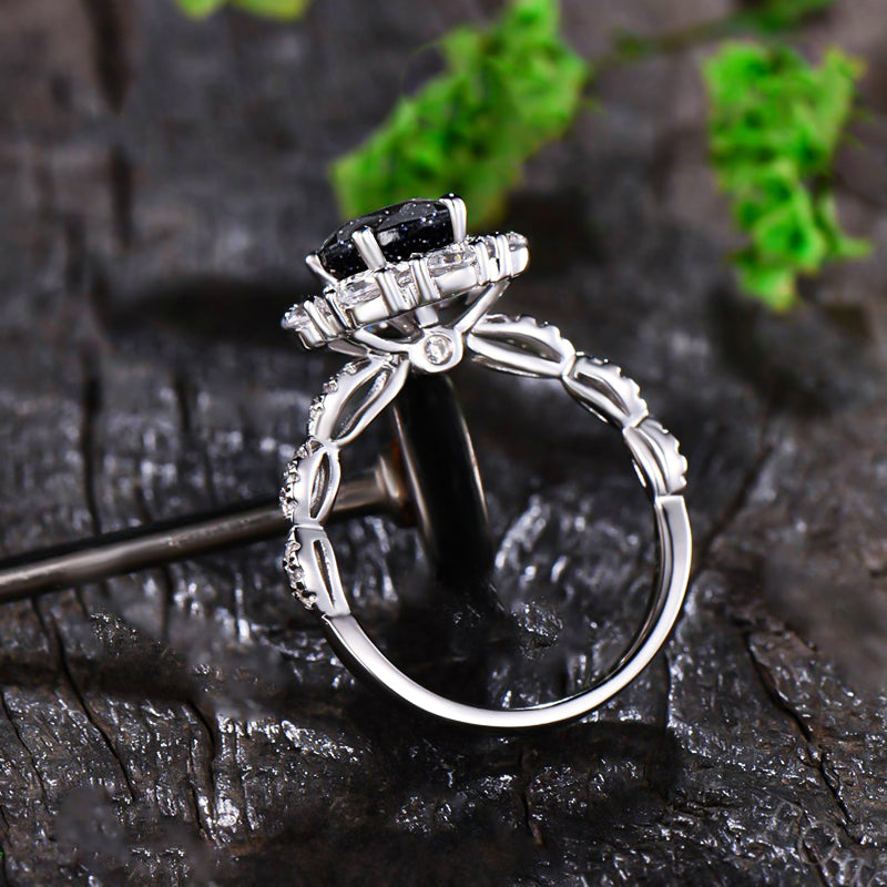 Vintage Halo Oval Cut Black Sandstone Engagement Ring In Sterling Silver