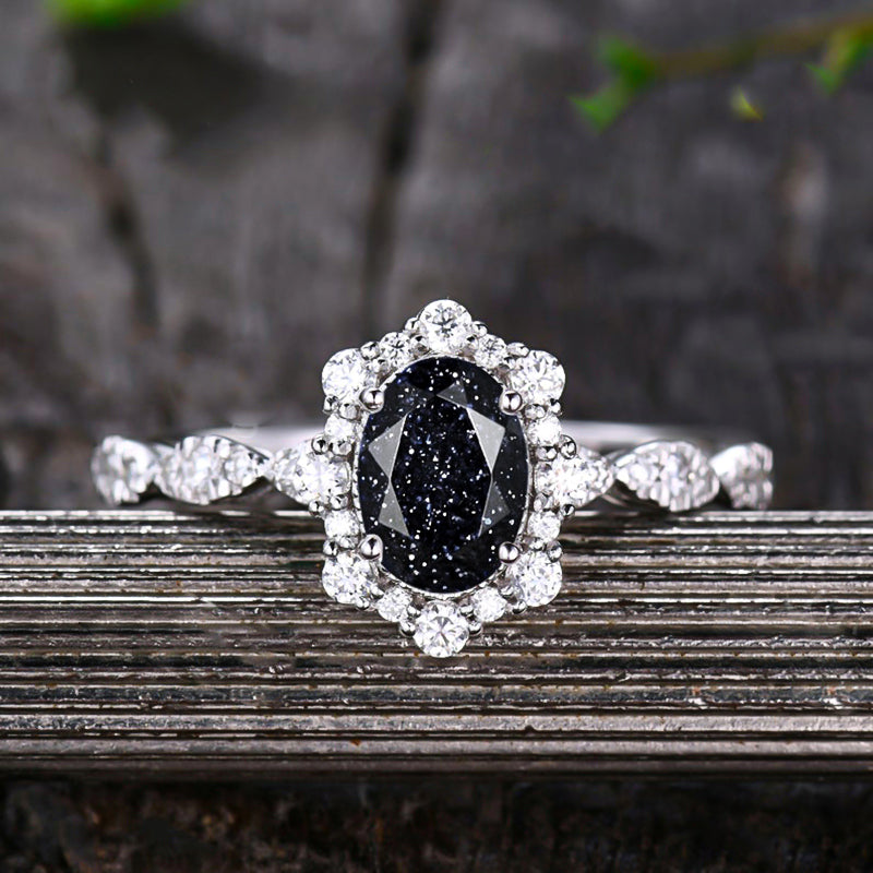 Vintage Halo Oval Cut Black Sandstone Engagement Ring In Sterling Silver
