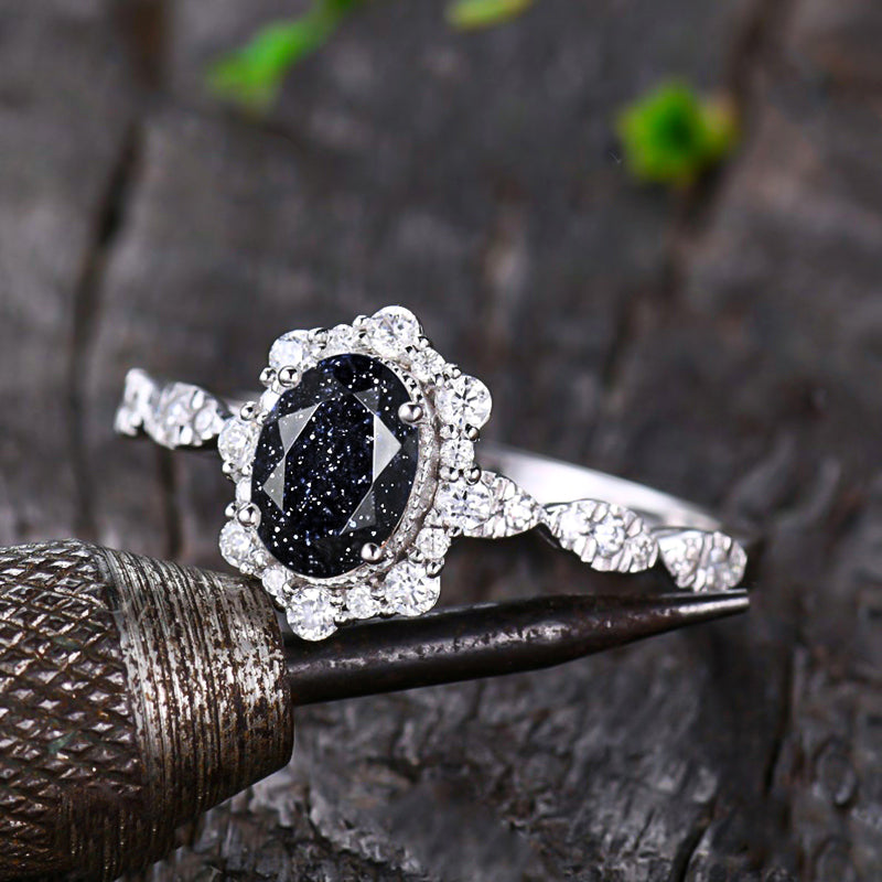 Vintage Halo Oval Cut Black Sandstone Engagement Ring In Sterling Silver