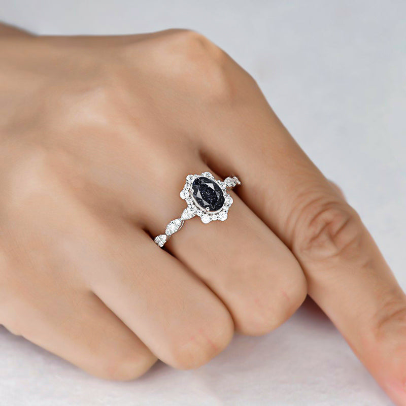 Vintage Halo Oval Cut Black Sandstone Engagement Ring In Sterling Silver