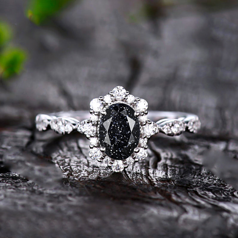 Vintage Halo Oval Cut Black Sandstone Engagement Ring In Sterling Silver