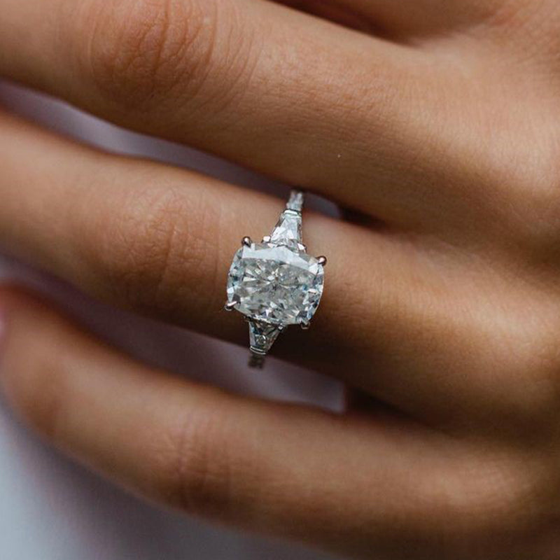 Stunning Cushion Cut Three Stone Women's Engagement Ring In Sterling Silver