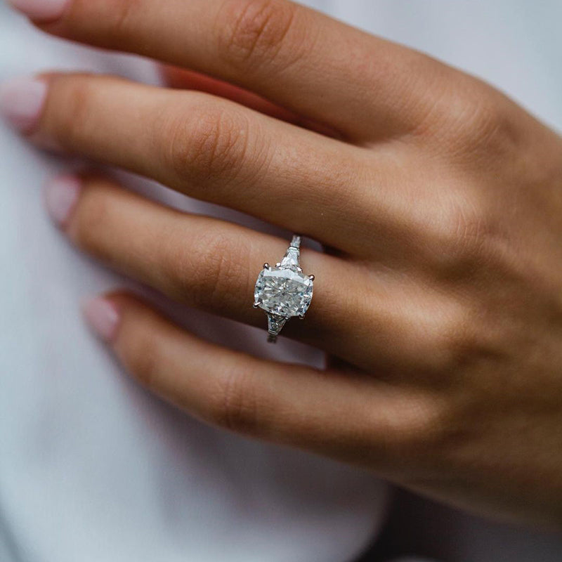 Stunning Cushion Cut Three Stone Women's Engagement Ring In Sterling Silver