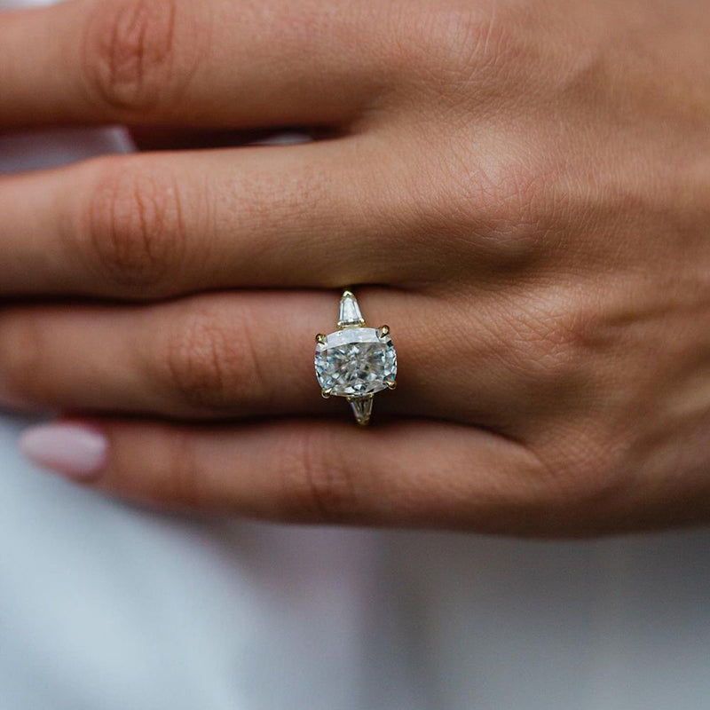 Exquisite Yellow Gold Cushion Cut Three Stone Engagement Ring In Sterling Silver