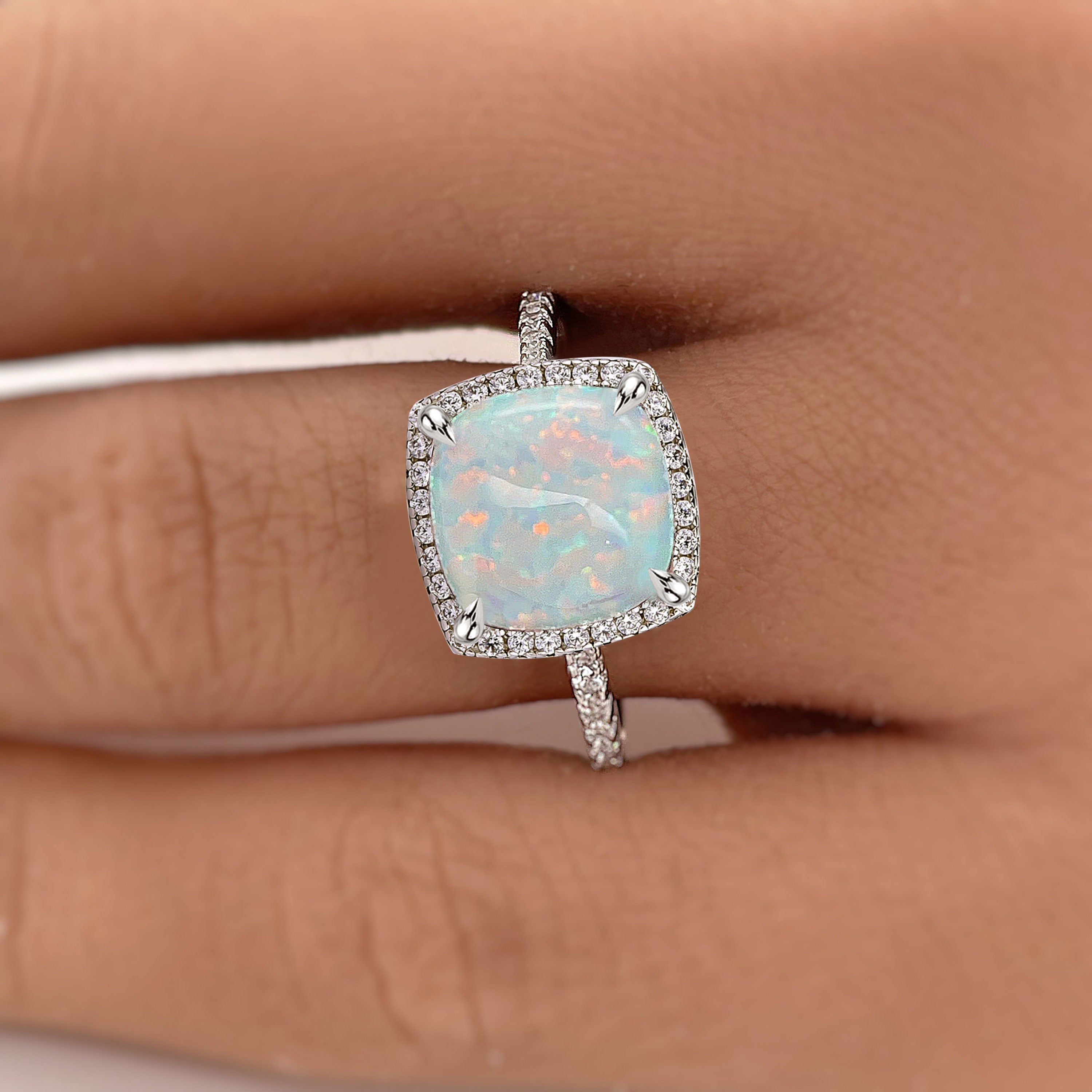 Unique Halo Cushion Cut Opal Stone Engagement Ring In Sterling Silver
