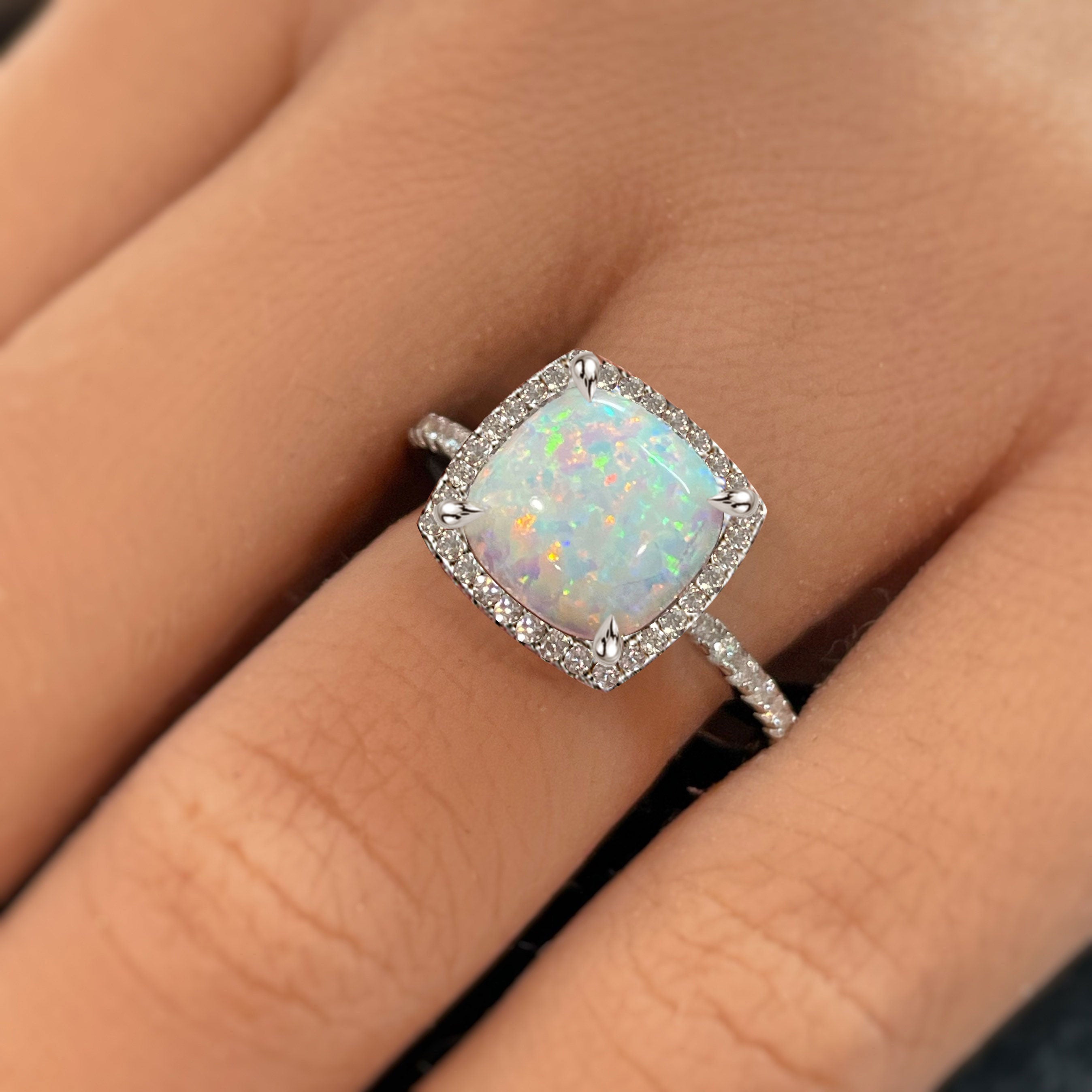 Unique Halo Cushion Cut Opal Stone Engagement Ring In Sterling Silver