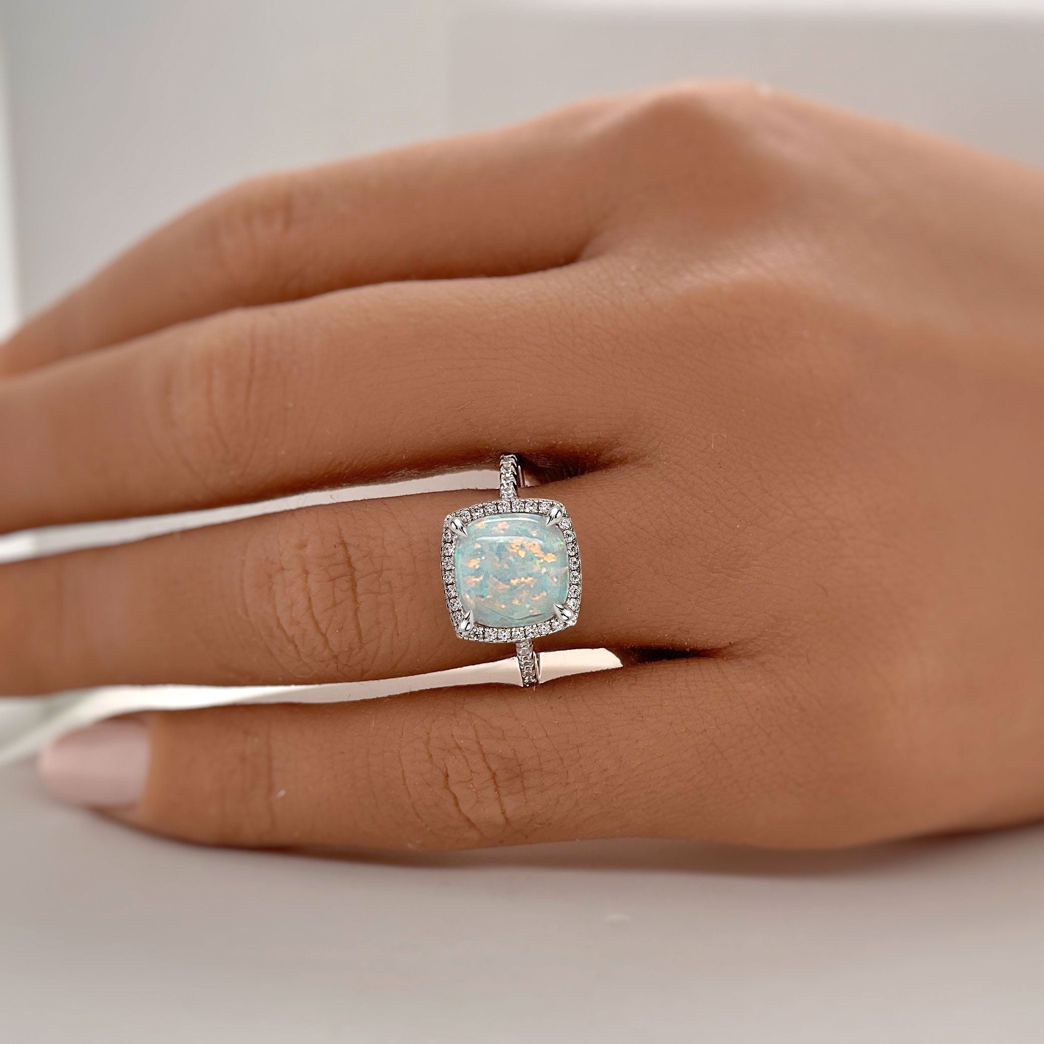 Unique Halo Cushion Cut Opal Stone Engagement Ring In Sterling Silver
