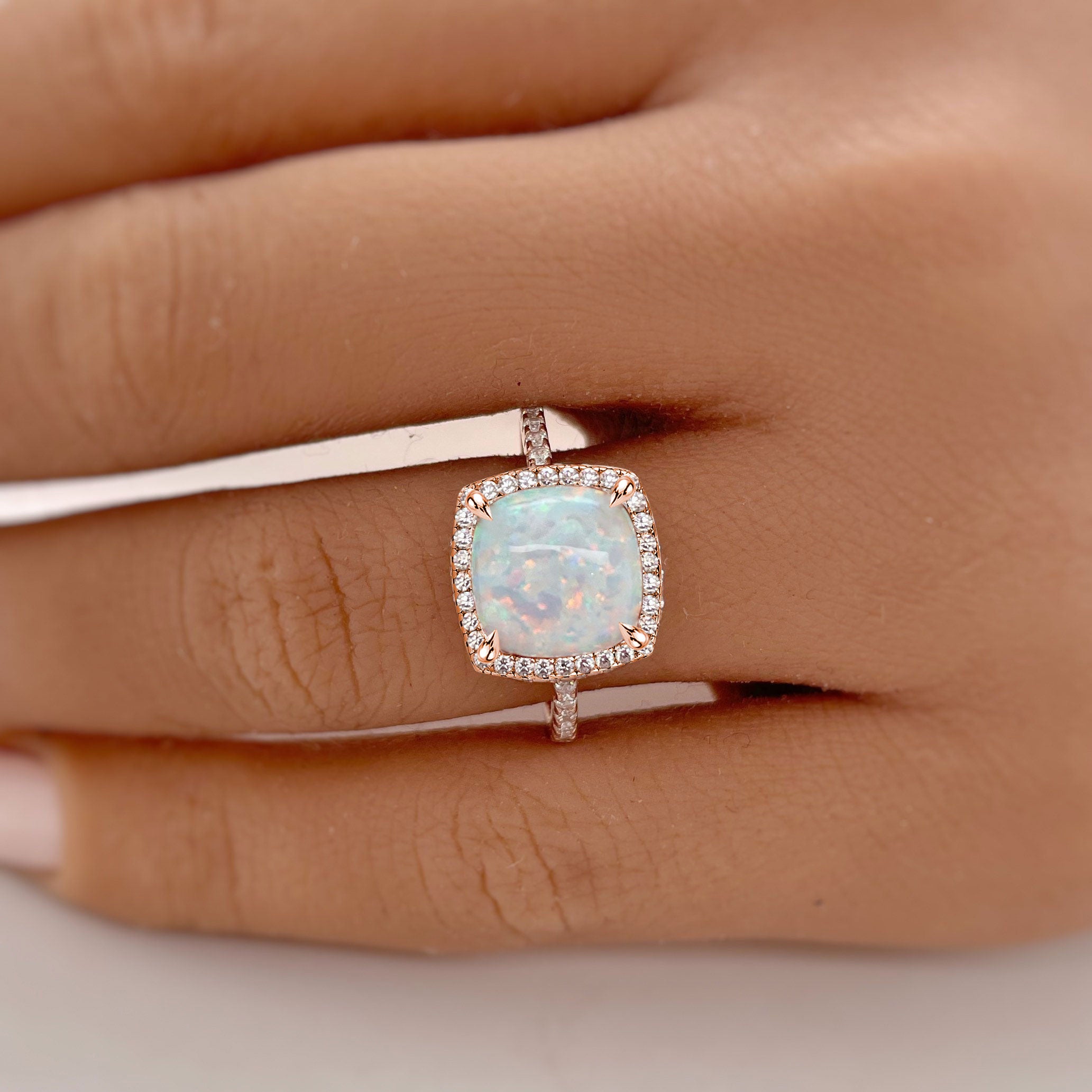 Unique Halo Cushion Cut Opal Stone Engagement Ring In Sterling Silver