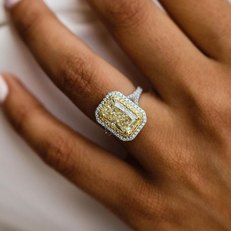 Luxurious Split Shank Double Halo Radiant Cut Yellow Sapphire Engagement Ring