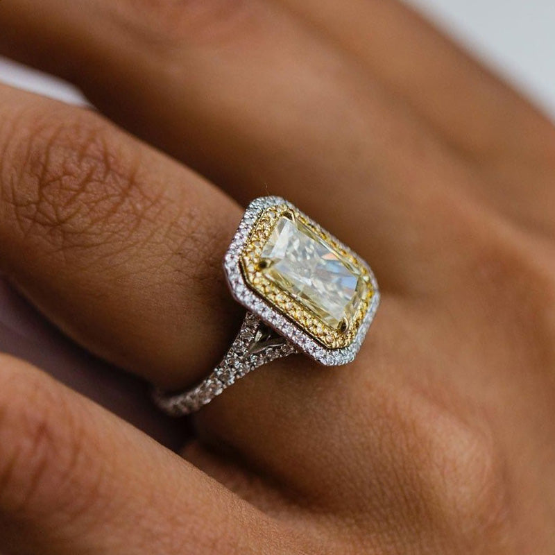 Luxurious Split Shank Double Halo Radiant Cut Yellow Sapphire Engagement Ring