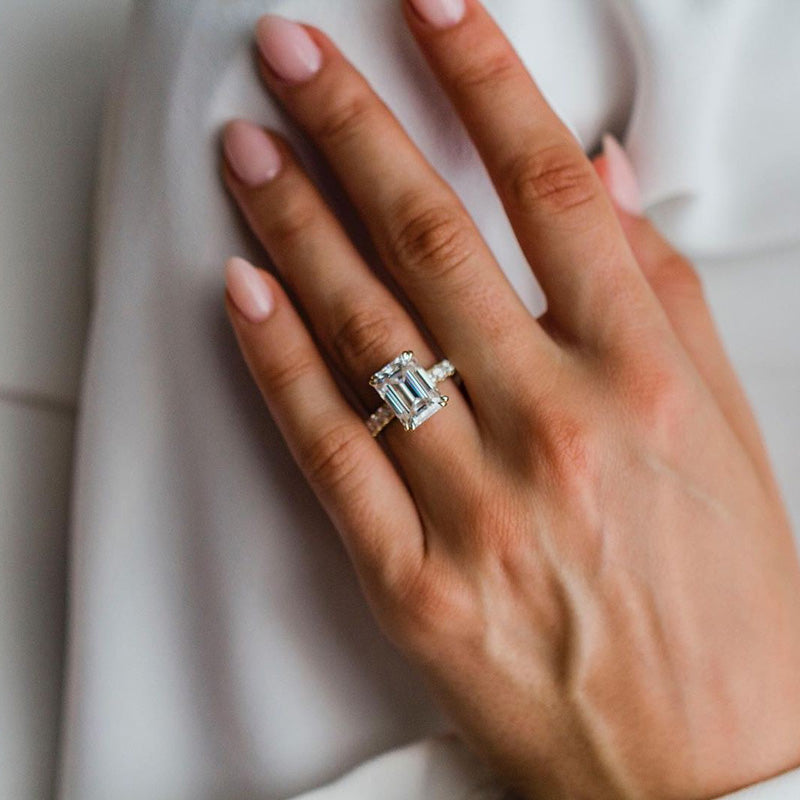 Stunning Yellow Gold Emerald Cut Engagement Ring In Sterling Silver