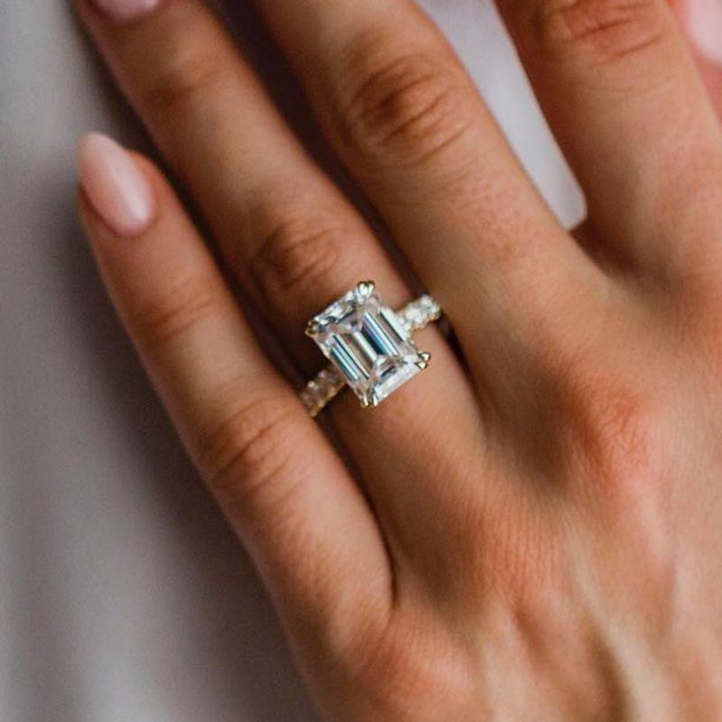 Stunning Yellow Gold Emerald Cut Engagement Ring In Sterling Silver