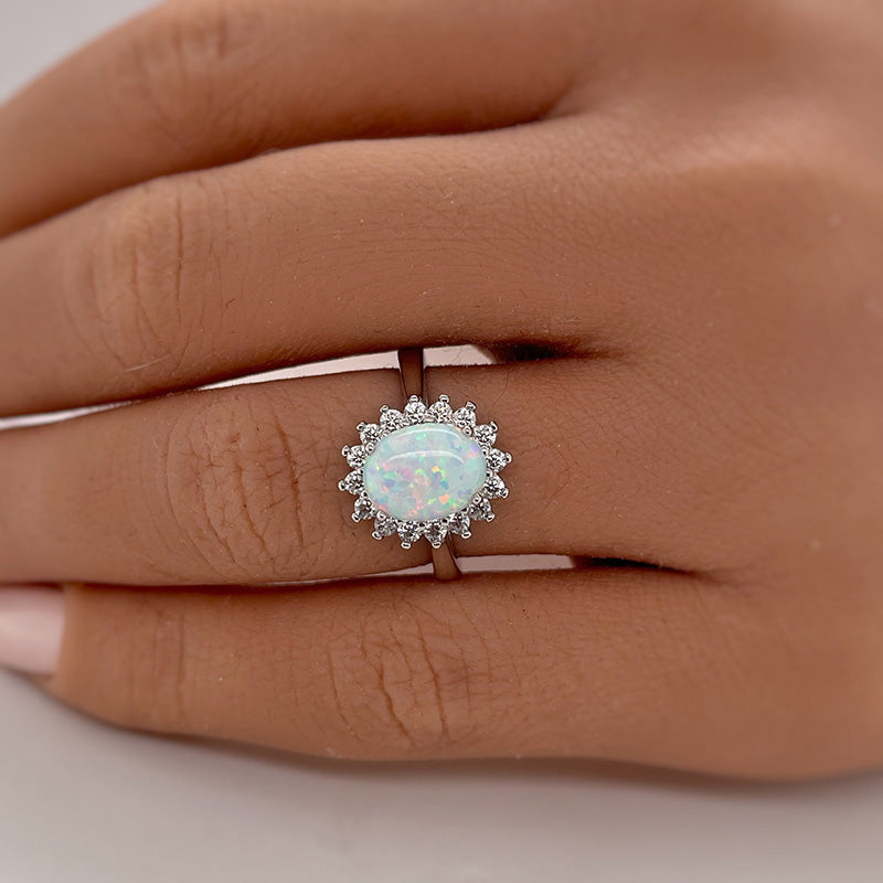 Elegant Halo Oval Cut Opal Stone Engagement Ring In Sterling Silver