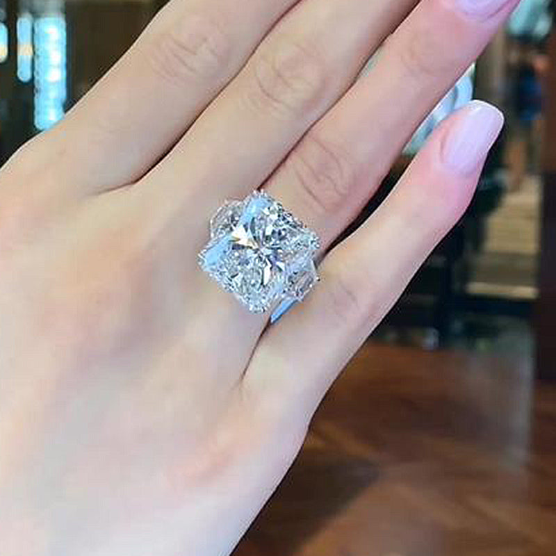 Luxurious Crushed Ice Hybrid Radiant Cut Three Stone Engagement Ring In Sterling Silver