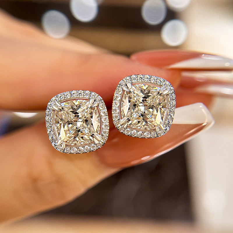2.5Ct Sparkle Halo Cushion Cut Women's Stud Earrings In Sterling Silver