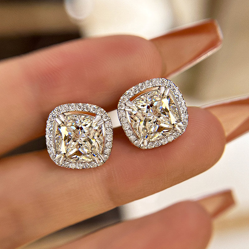 2.5Ct Sparkle Halo Cushion Cut Women's Stud Earrings In Sterling Silver