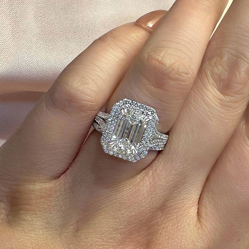 Ahabobo Split Shank Emerald Cut Wedding Ring Set In Sterling Silver