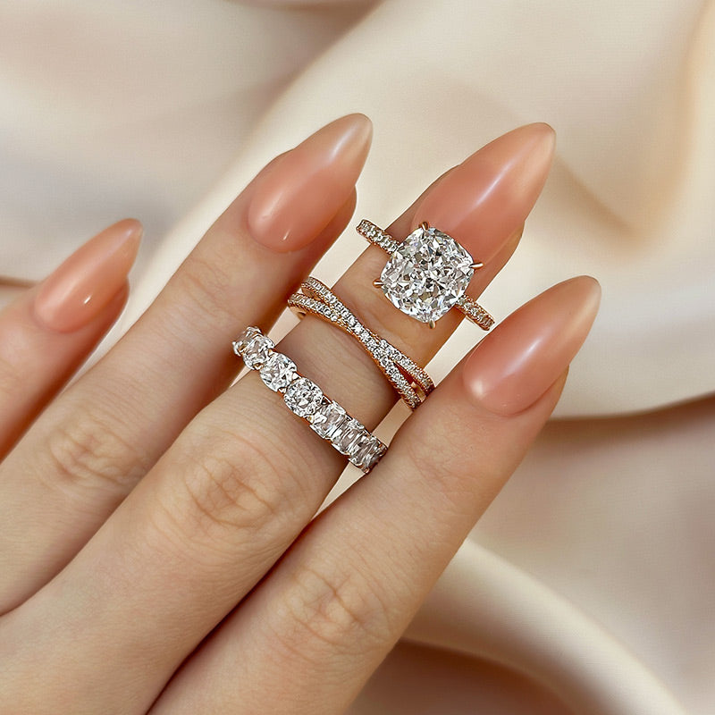 3PC 4.5 Carat Cushion Cut Wedding Ring Set With Criss Cross Wedding Band & Eternity Wedding Band