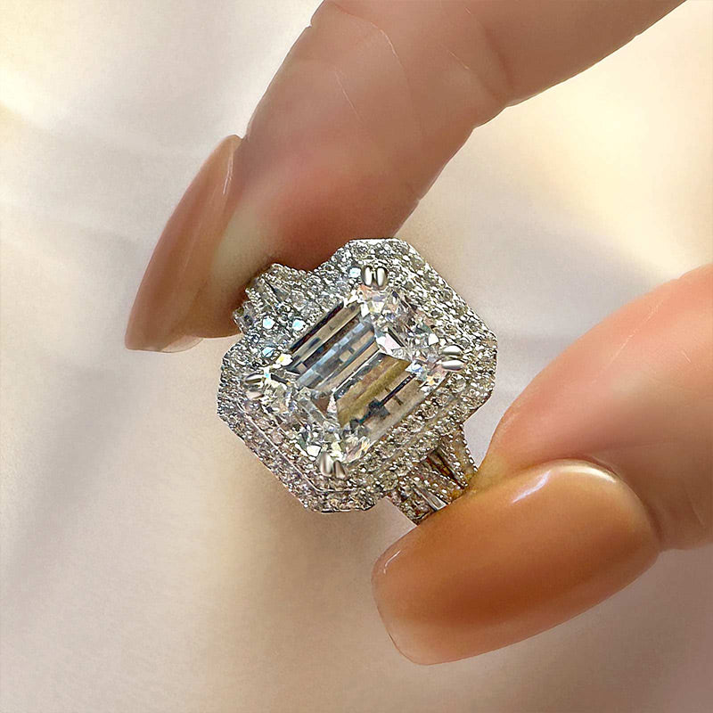 Ahabobo Split Shank Emerald Cut Wedding Ring Set In Sterling Silver