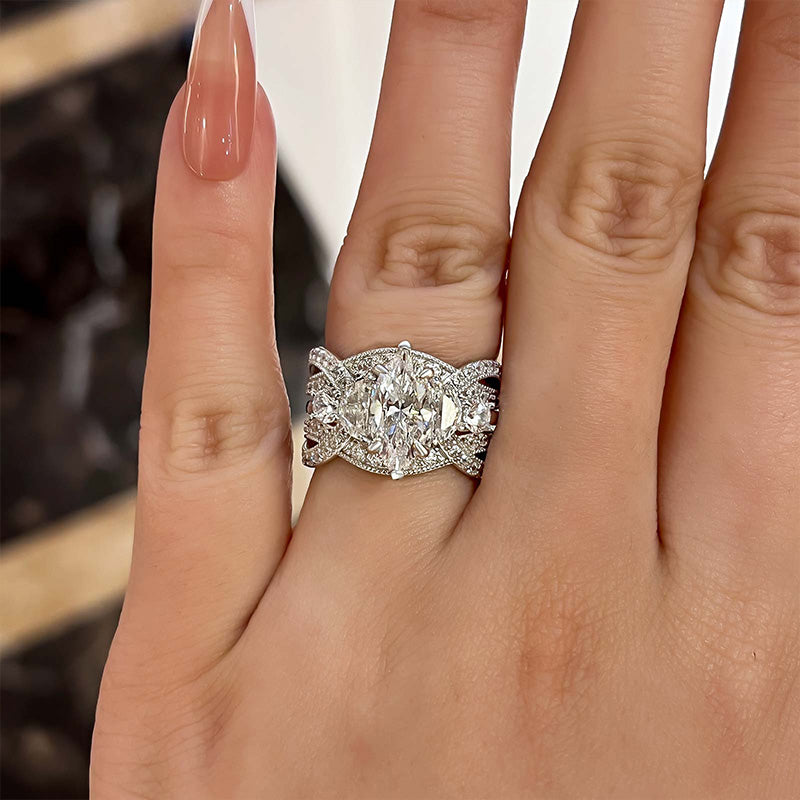 Vintage Marquise Cut Insert Wedding Ring Set For Women In Sterling Silver