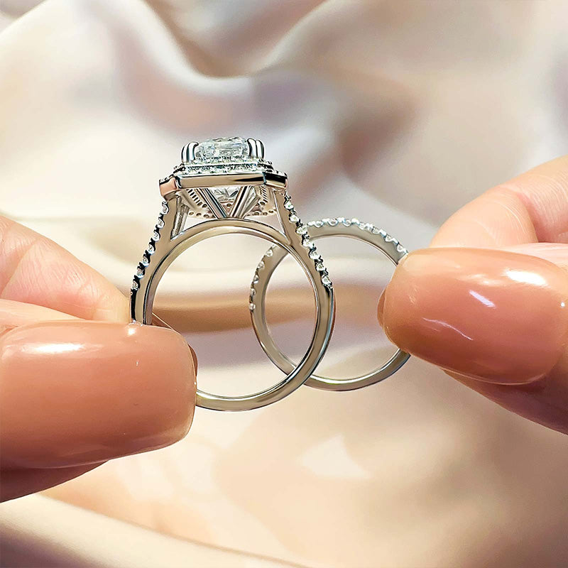 Ahabobo Split Shank Emerald Cut Wedding Ring Set In Sterling Silver