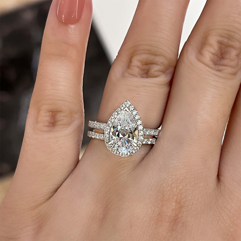 Halo Pear Cut Created White Sapphire Wedding Ring Set