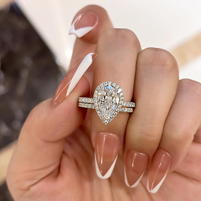 Halo Pear Cut Created White Sapphire Wedding Ring Set