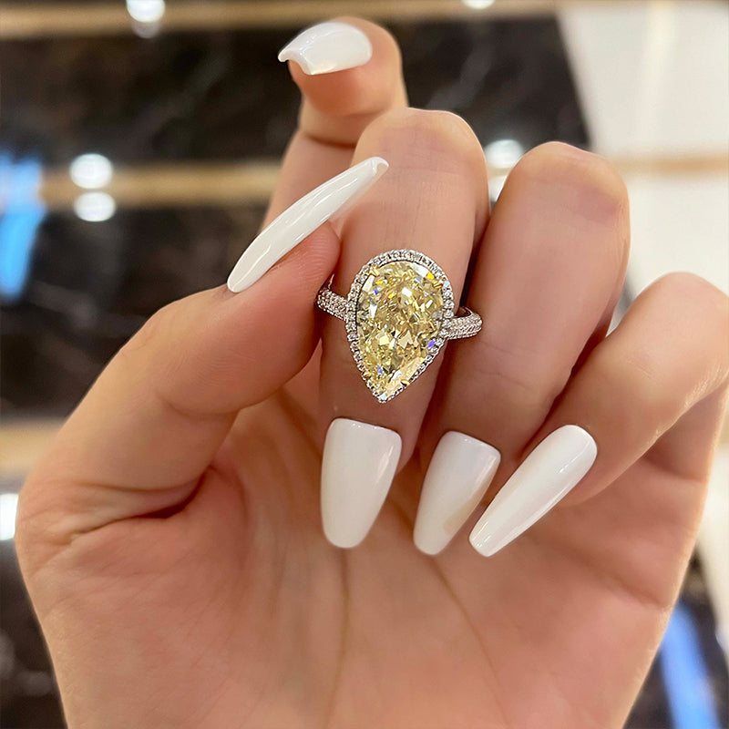 Halo Pear Cut Yellow Sapphire Engagement Ring In Sterling Silver