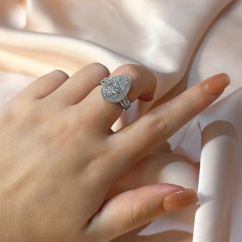 Ahabobo Luxury Double Halo Pear Cut Engagement Ring In Sterling Silver