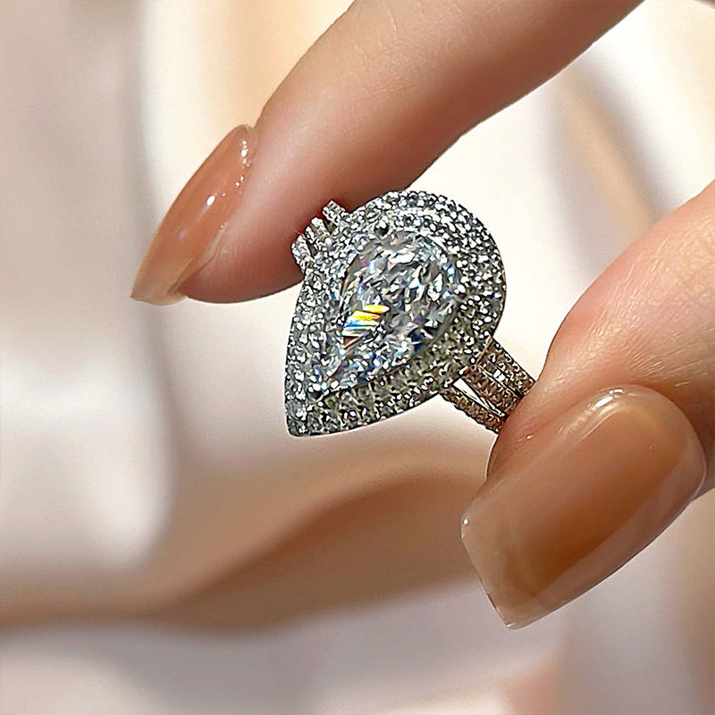 Ahabobo Luxury Double Halo Pear Cut Engagement Ring In Sterling Silver
