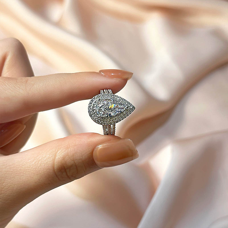 Ahabobo Luxury Double Halo Pear Cut Engagement Ring In Sterling Silver