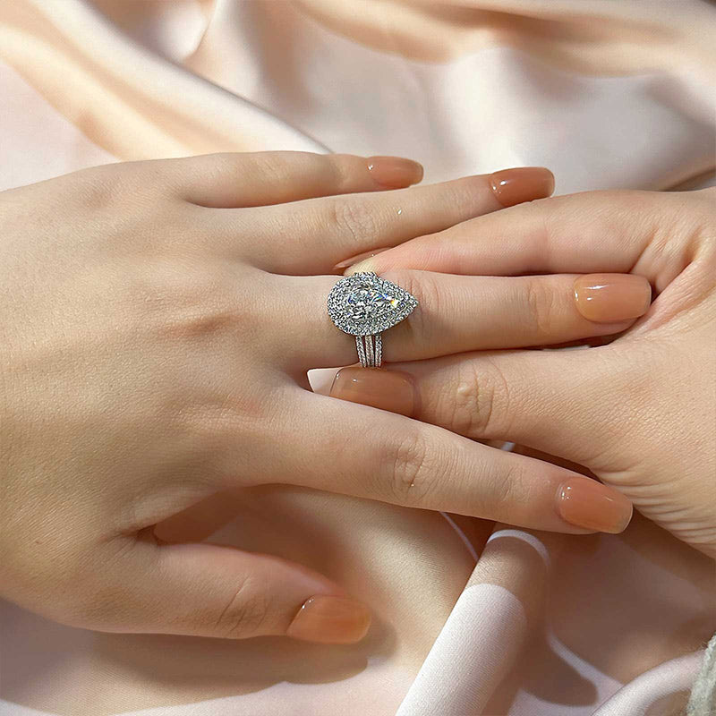 Ahabobo Luxury Double Halo Pear Cut Engagement Ring In Sterling Silver