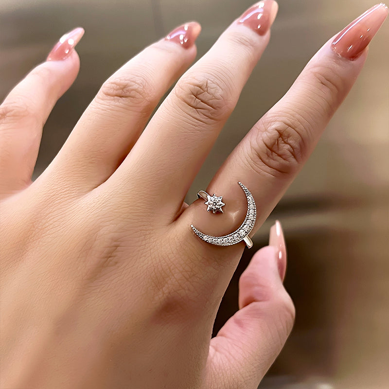 Crescent Moon & Star Adjustable Open Ring