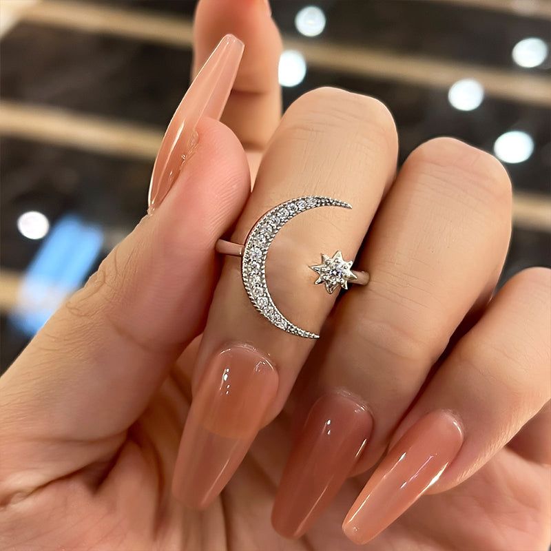 Crescent Moon & Star Adjustable Open Ring