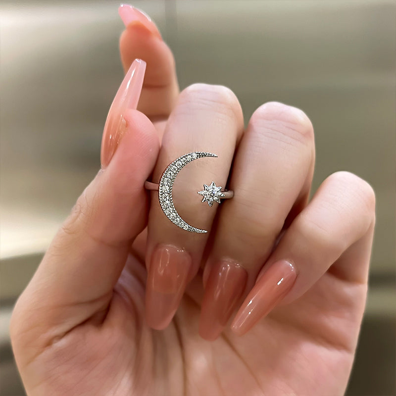 Crescent Moon & Star Adjustable Open Ring