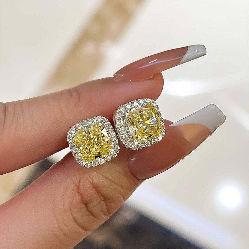 2.0 Carat Yellow Sapphire Halo Princess Cut Sterling Silver Women's Stud Earrings