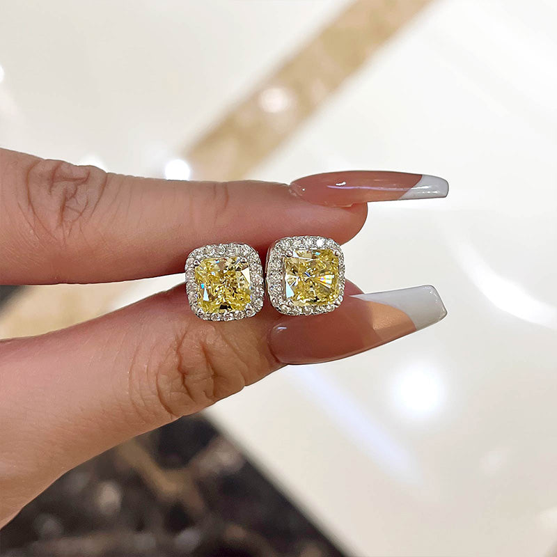 2.0 Carat Yellow Sapphire Halo Princess Cut Sterling Silver Women's Stud Earrings