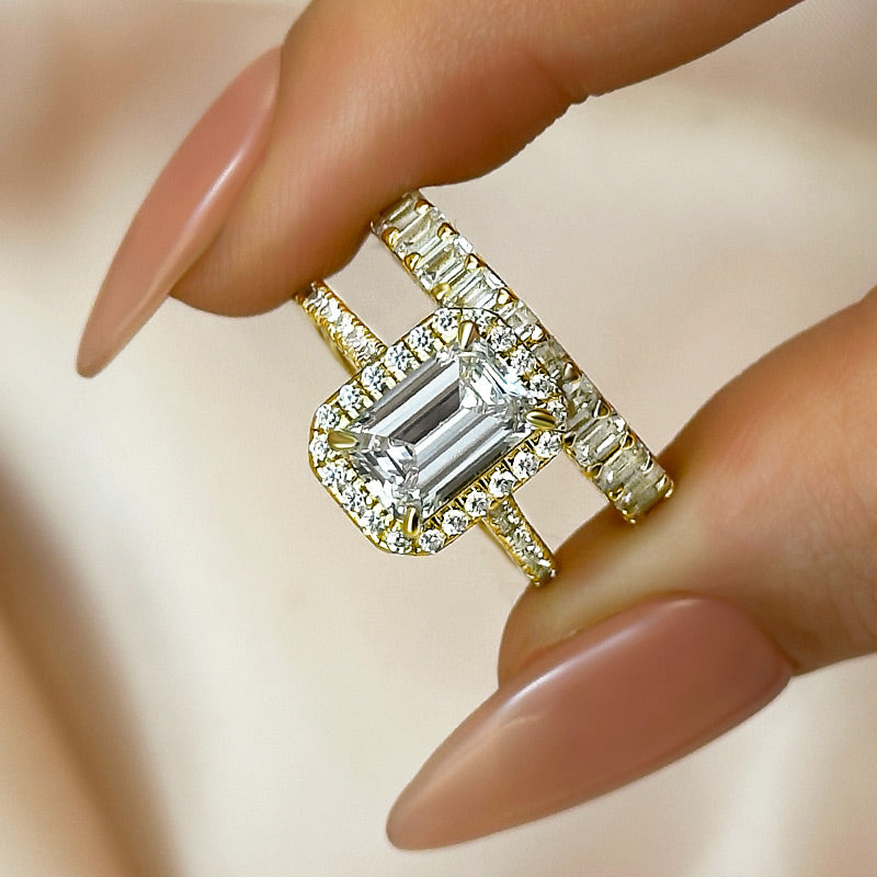 Ahabobo Noble Halo Emerald Cut Wedding Ring Set