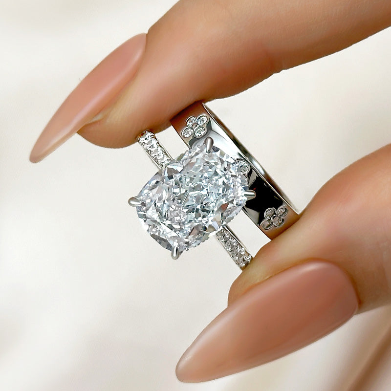 Ahabobo Exclusive Cushion Cut Wedding Ring Set With Wide Wedding Band