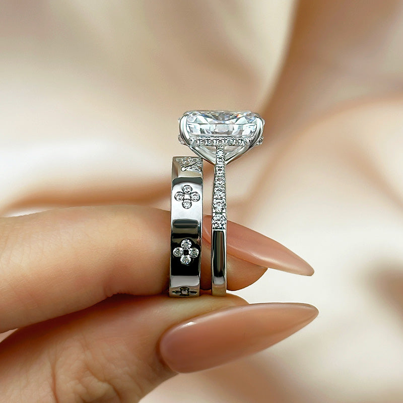 Ahabobo Exclusive Cushion Cut Wedding Ring Set With Wide Wedding Band