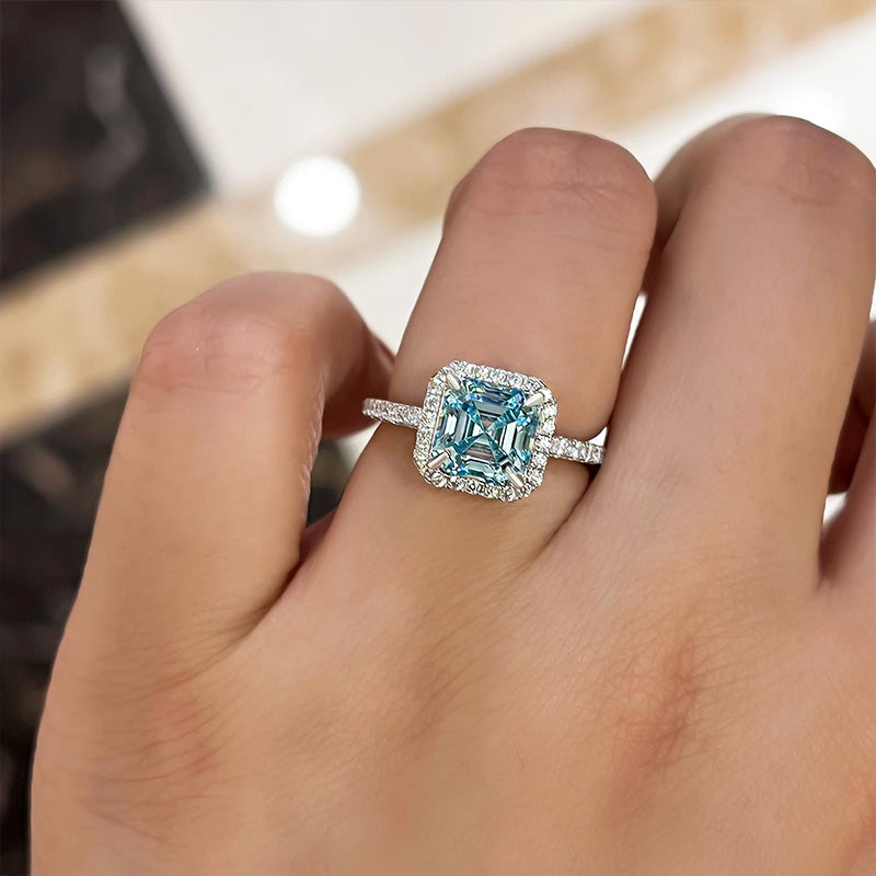Exclusive Halo Asscher Cut Light Aquamarine Blue Engagement Ring In Sterling Silver