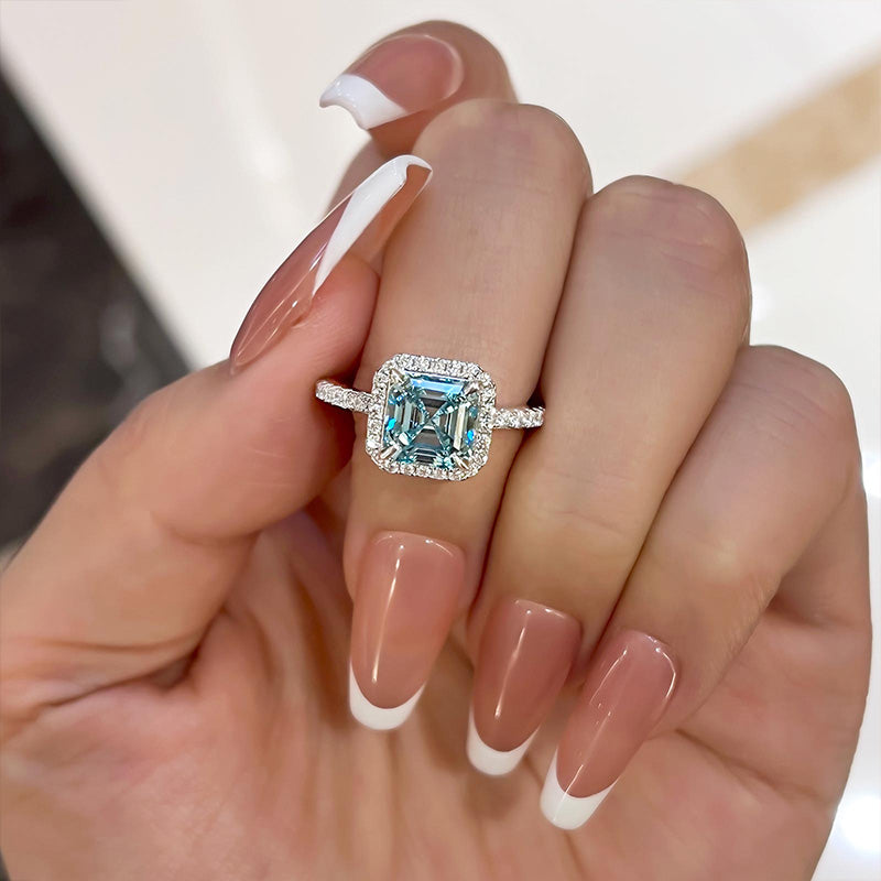 Exclusive Halo Asscher Cut Light Aquamarine Blue Engagement Ring In Sterling Silver