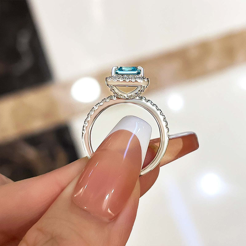 Exclusive Halo Asscher Cut Light Aquamarine Blue Engagement Ring In Sterling Silver