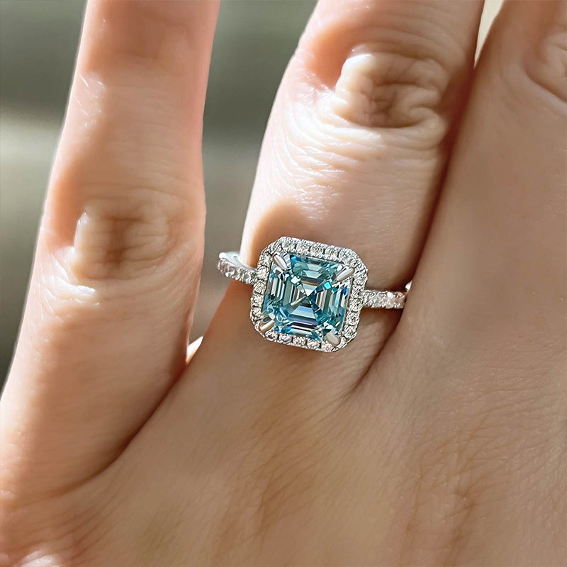 Exclusive Halo Asscher Cut Light Aquamarine Blue Engagement Ring In Sterling Silver