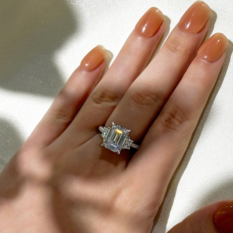 Ahabobo Stunning Emerald Cut Three Stone Engagement Ring In Sterling Silver