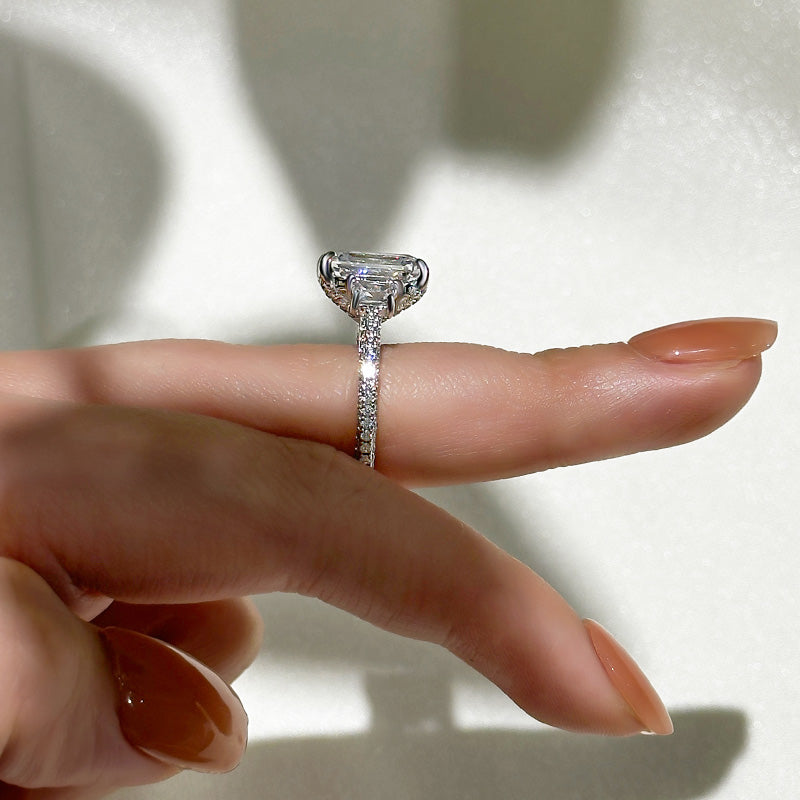 Ahabobo Stunning Emerald Cut Three Stone Engagement Ring In Sterling Silver